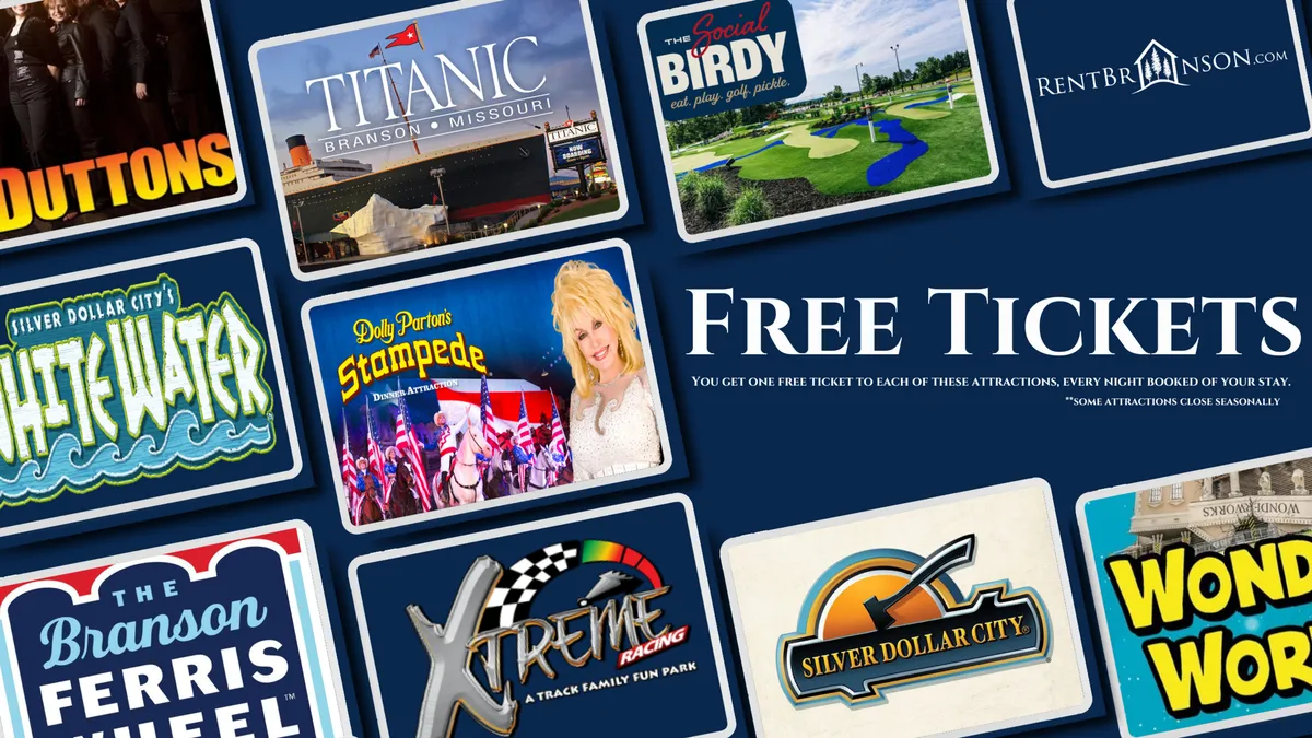 A vibrant interior display featuring brightly colored attraction logos and promotional text about free tickets. The image suggests excitement and nearby entertainment options, hinting at a connection with local attractions like Silver Dollar City.